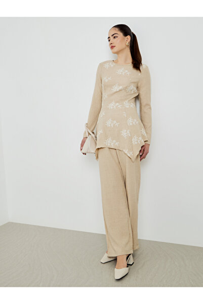 Styli Beige Embroidered Textured Top and Wide Leg Pants Co-Ords