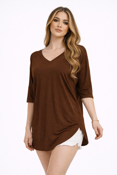 modavingo Tunica de damă cu decolteu în V, croială lejeră, maro