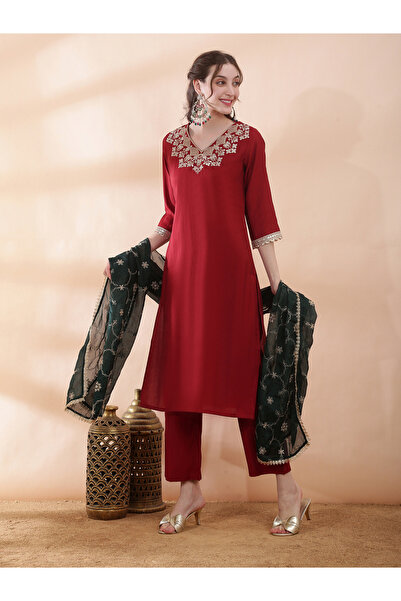 Globus By Styli Red Embroidered Straight Kurta with Pants and Dupatta Set