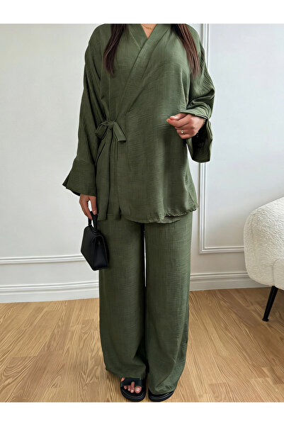Take Two By Styli Khaki Long Sleeve Wrap Kimono and Trousers Co-Ords