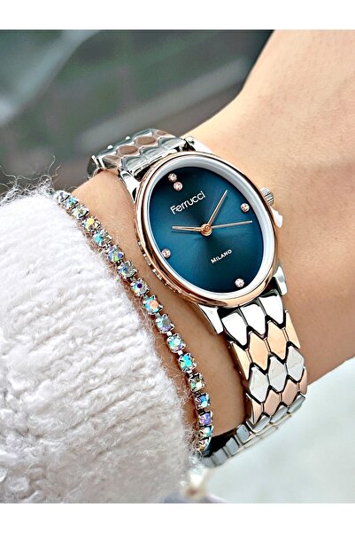 Ferrucci Blue Dial Stone Numerals Knitted Pattern Rose Silver Metal Women's W...