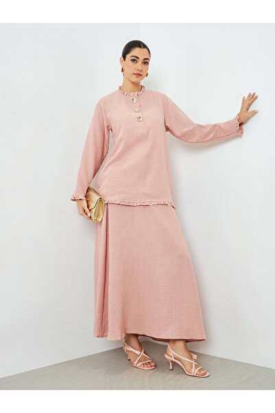 Styli Pink Ruffled Neck Top and Skirt Modest Set