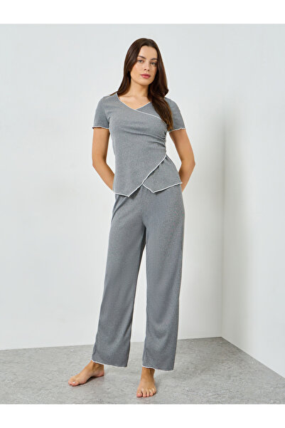 Styli Mono Contrast Edge Rib Wrap Over T-Shirt and Pyjama Set