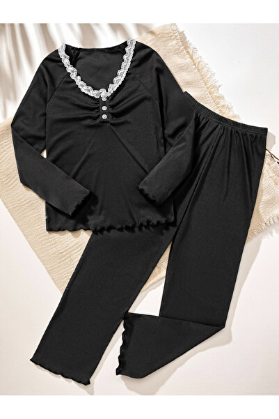 Take Two By Styli Girls Black Lace Trim Top and Pyjama Set