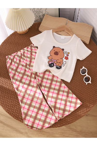 Take Two By Styli Girls Bear Graphic Print T-Shirt and Pants Co-Ords