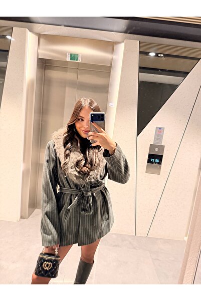 Labien Butik Caty Gri Yakası Kürklü Çizgili Kaşe Kaban