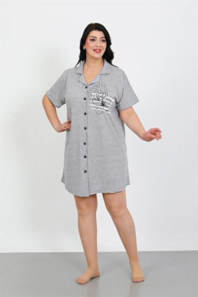 Celira Plus Size Combed Cotton Buttoned Gray Tunic Nightgown