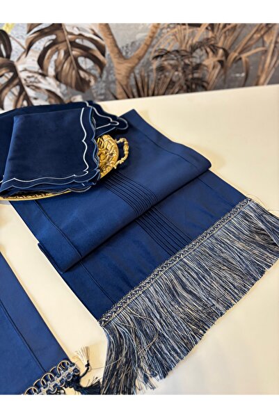 ELORA MAISON Saçak Detaylı, Lacivert Kadife Runner