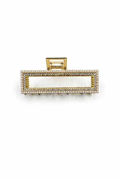 MD Moda Accessories Rectangular Gold Color Hair Clip with Pearl and Stone Detail