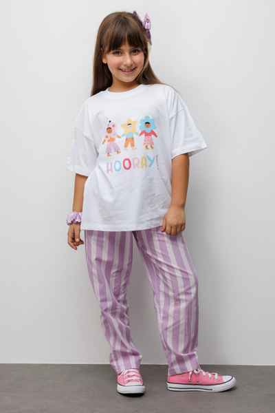 Le Mabelle Παιδικό Σετ Μπλουζάκι και Παντελόνι με Σχέδιο Ρίγες σε Λιλά Χρώμα ...