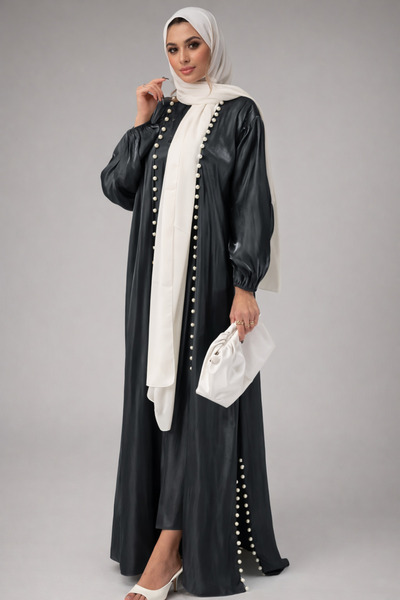 Generic OrientC Pearl Trim Satin Abaya Maxi Dress Elegant Modest Long Sleeve