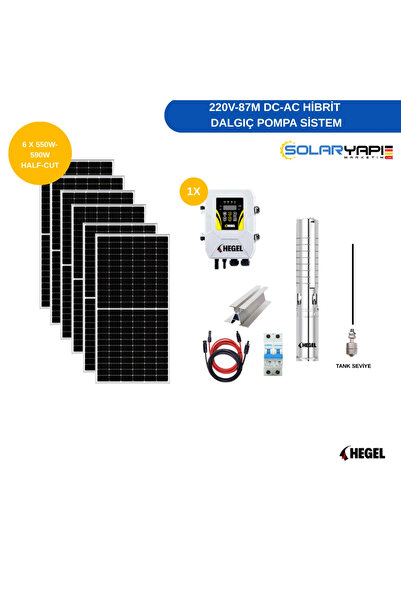 Hegel 220V 87 Metre DC-AC Hibrit Solar Dalgıç Pompa Sistemi | 2200W | 6x 550W...