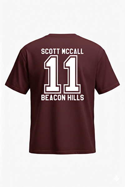 DASH WEAR Teen Wolf Mccall T-Shirt - Burgundy Printed Oversize Crew Neck Shor...