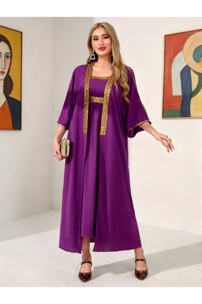 Take Two By Styli Solid Taping Trim Abaya and Dress Modest Set