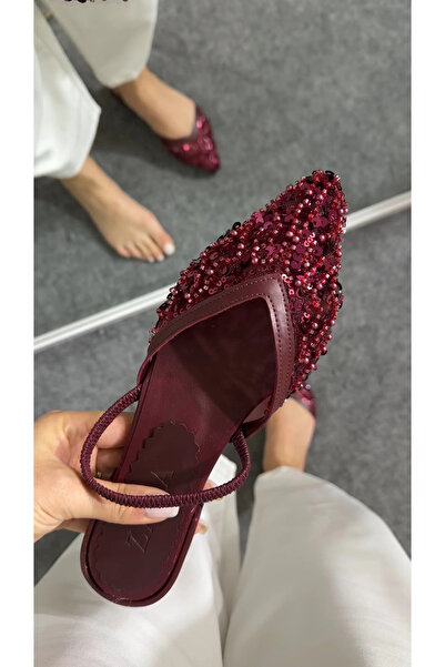 Akça Shoes Bordo Payetli Tüllü Babet