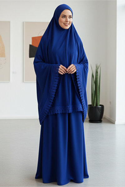 R reisa Iki Parça Dantelli Lüks Namaz Elbisesi - Mavi