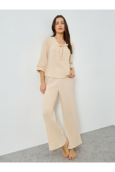 Styli Double Gauze Cotton Tie Front Top and Wide Leg Pyjama Set