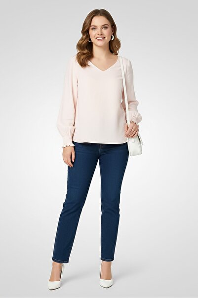 Karl Lagerfeld Women V Neck Long Sleeve Solid Blouse, Light Peach