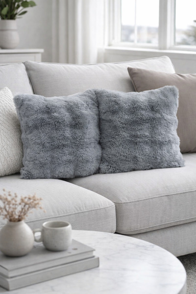 Gri Bubble Desenli Peluş Çift Taraflı 2'li Kırlent Kılıfı (40x40)- 2 ADET