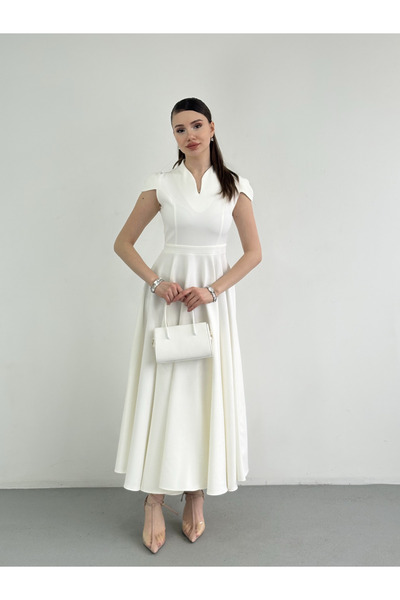 My Blog White Collar Detail Off-The-Shoulder Dress - 242480