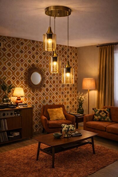 BİAVİZE GOLD KROM BAL CAMLI 3LÜ SARKIT MODERN AVİZE