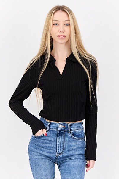 Don't Call Me Jennyfer Women Spread Collar Long Sleeve Ribbed Blouse, Black
