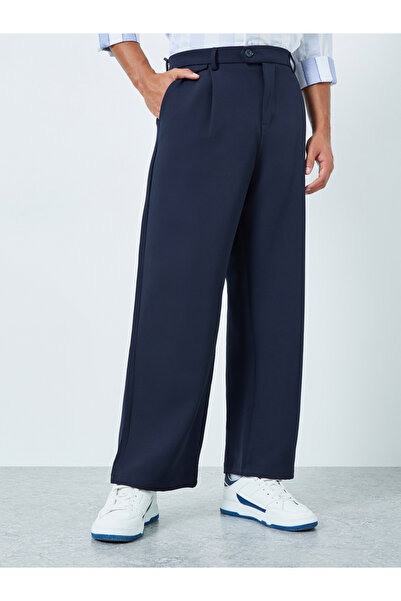 Styli Men Navy Blue Wide Leg Trousers