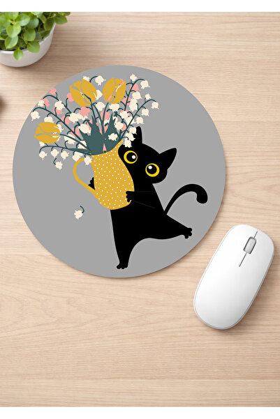 Eylül Design Cute Cat Printed Round Non-Slip Mousepad Ergonomic Mouse Pad