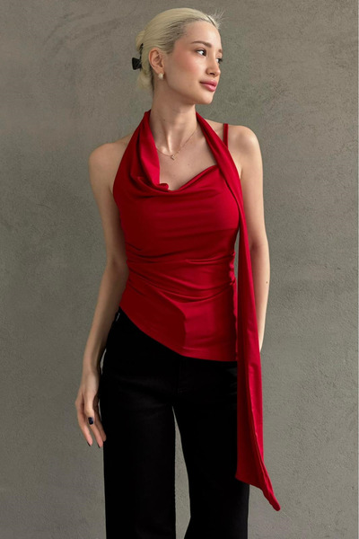 Madmext Red Degaje Collar Scarf Stylish Women's Blouse Mg2650
