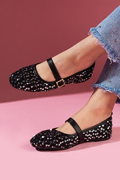 FUGA MODA Balerini Aurora negri cu paiete argintii și cataramă aurie, cu o si...