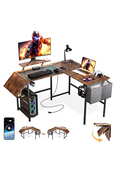 Dotail Birou de gaming de colț cu LED RGB inteligent, suport pentru monitor, ...