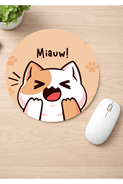 Eylül Design Cute Cat Printed Round Non-Slip Mousepad Ergonomic Mouse Pad