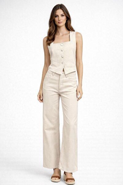 VENA Wanda Çizgili Wide Leg Jean Pantolon-Navy Çizgili