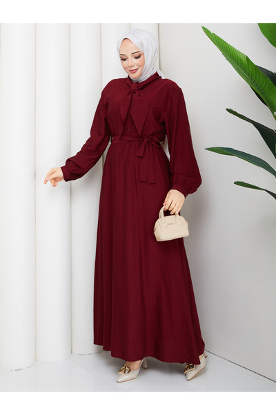 RACE FASHİON Scarf Collar Buttoned Strawberry Fabric Hijab Dress Rc6038