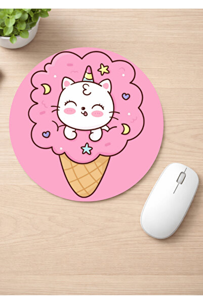 Eylül Design Cute Cat Printed Round Non-Slip Mousepad Ergonomic Mouse Pad