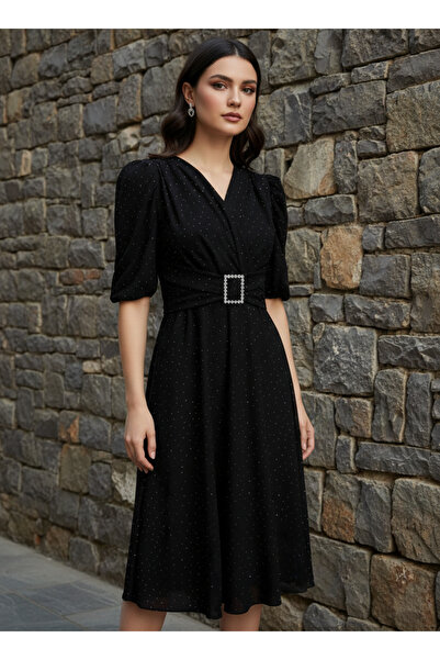 Moda Palmiss Women's Black V-Neck Scuba Crepe Midi Dress with Stone Belt Deta...