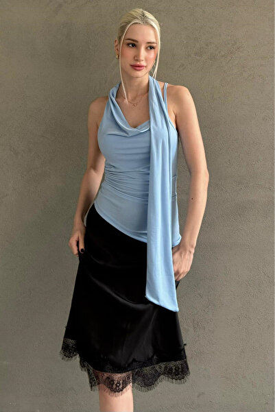 Madmext Blue Degaje Collar Scarf Stylish Women's Blouse Mg2650