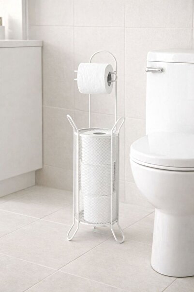 ANGDESİGN حامل ورق التواليت المعدني مع سلة معدنية - أبيض