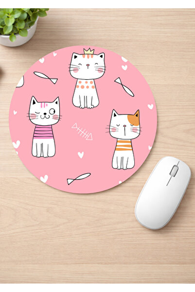 Eylül Design Cute Cats Printed Round Non-Slip Mousepad Ergonomic Mouse Pad