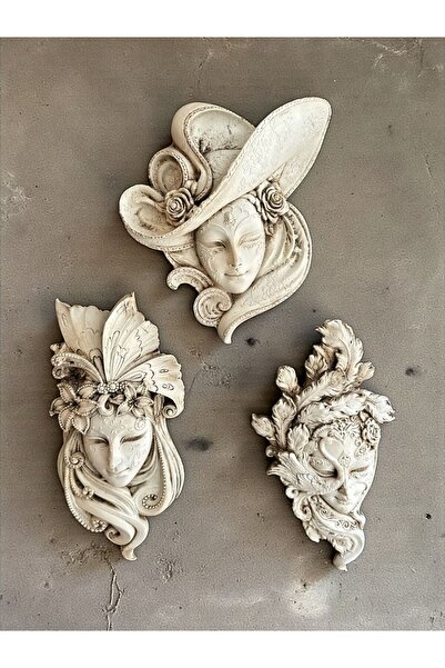 Peramari Dekoratif Polyester Üçlü Duvara Asmalı Kadın Yüz Maske Tablo Beyaz E...