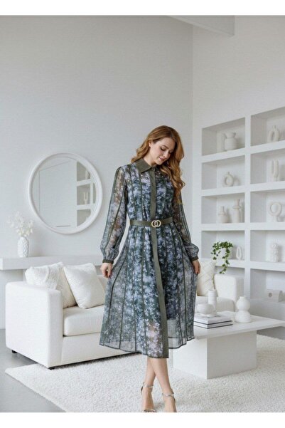 alqarat Aria Floral-Stripe Chiffon Midi Dress