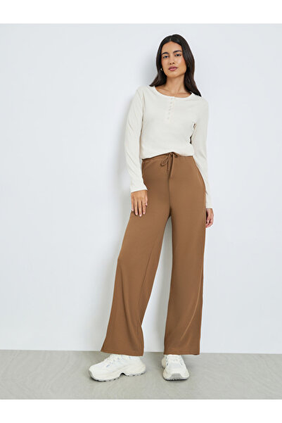 Styli Beige Solid Wide Leg Joggers