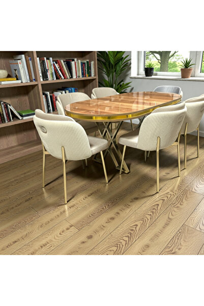 MSY HOME 4 Kişilik Aura Gold Serisi Ceviz Lake Oval Yemek Masası ve Puffy Kre...