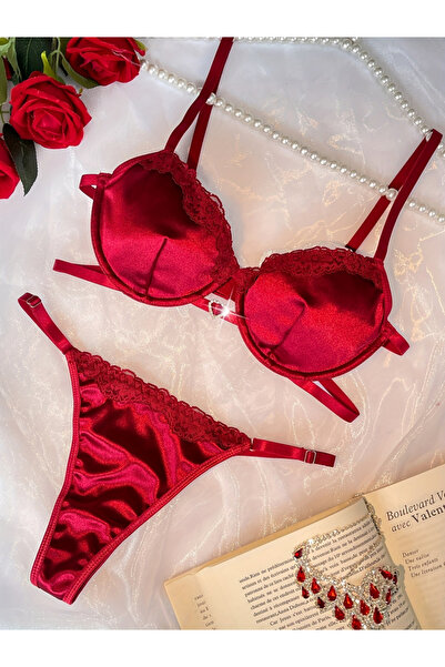 Take Two By Styli Burgundy Lace Trim Padded Wired Bra and Thong Lingerie Set