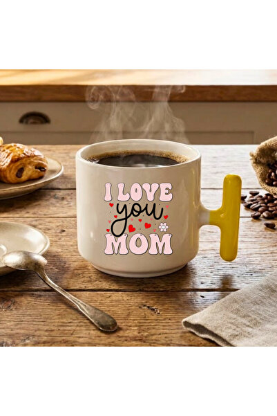 Finka Dekor كوب سيراميك مطبوع عليه عبارة I Love You Mom باللون الأصفر كهدية