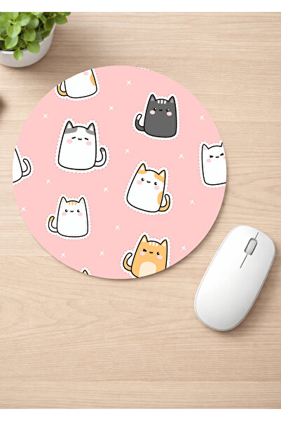 Eylül Design Cute Cats Printed Round Non-Slip Mousepad Ergonomic Mouse Pad
