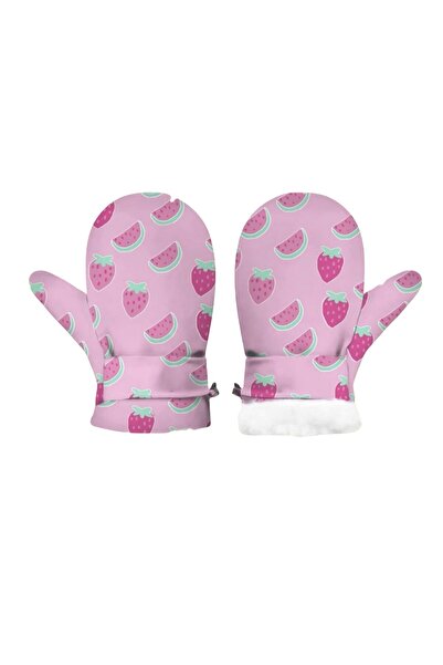 Petityu Strawberry Watermelon Patterned Soft Pink Gloves with Puffy Inside fo...