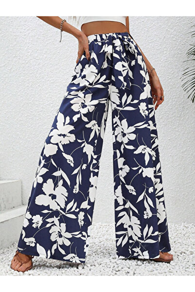 Take Two By Styli Navy Blue Floral Print Wide Leg Trousers