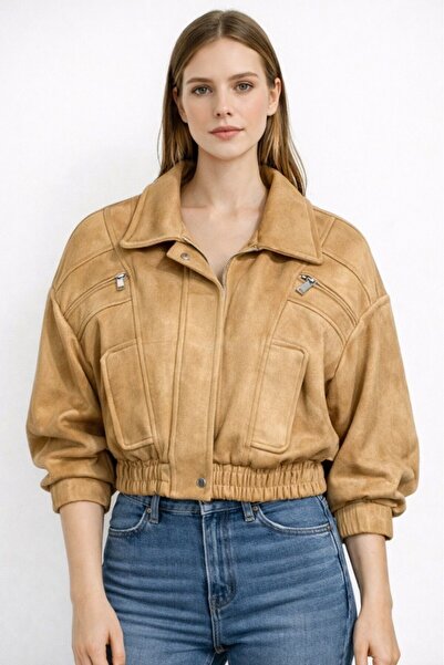 CGA Women's Bomber Jacket Tan Jacket Suede Zipper Bomber Jacket