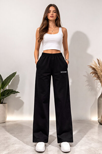 Basics&More 100% Cotton Women's Black Wide-Leg Sweatpants – High-Waisted Comf...
